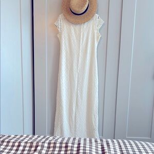 Sharagano White Pleated Maxi Dress with Flutter Sleeves